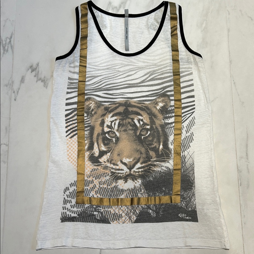 100% Linen Cop. Copine Tank Top with Tiger Graphic and Gold Detail